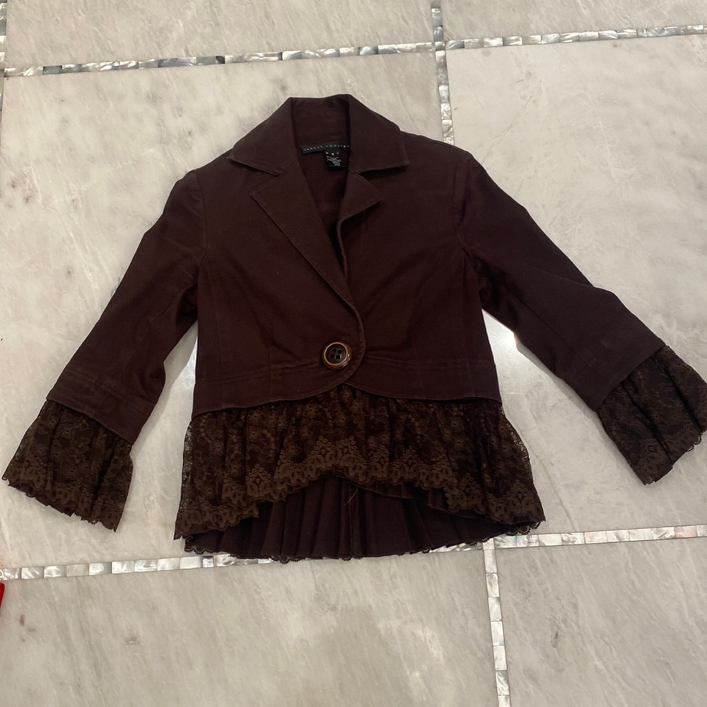 Robert Rodriguez jacket with button detail and lace sleeve and jacket trim.